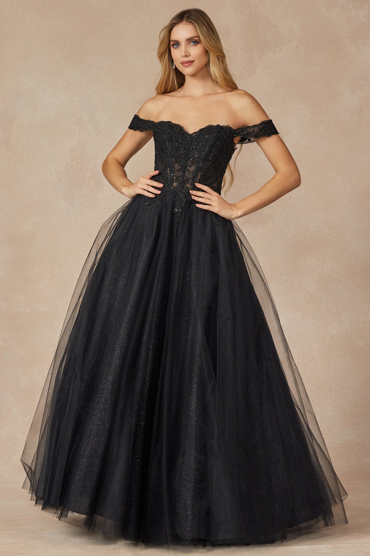 Off the shoulder embroidered tulle prom gown-smcdress