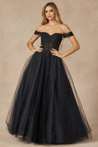 A-Line Embroidered Bodice Long Prom Dress, Off Shoulder-smcdress