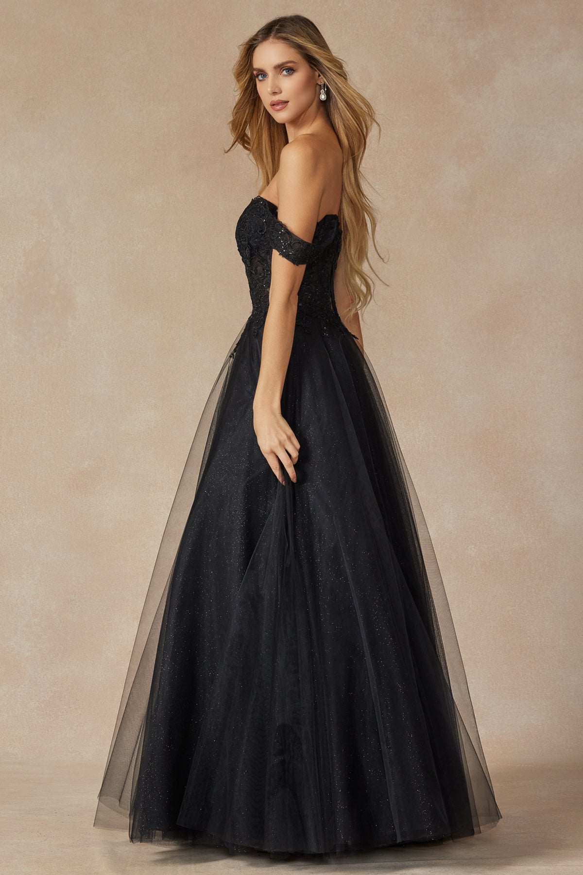 Off the shoulder embroidered tulle prom gown-smcdress