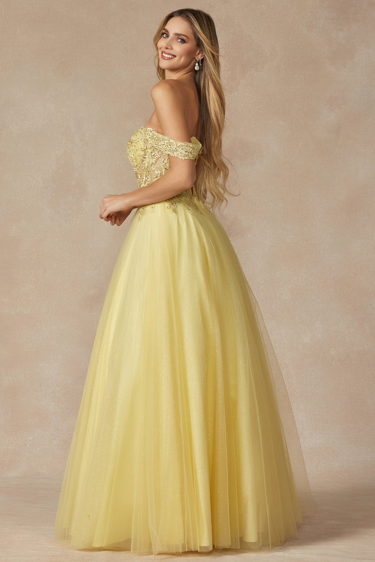 Off the shoulder embroidered tulle prom gown-smcdress