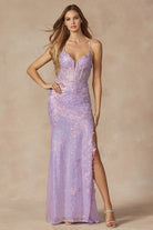 Machine sequin with lace embellishments and high slit gown-smcdress