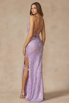 Machine sequin with lace embellishments and high slit gown-smcdress