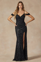 Off-shoulder long evening dress with sequin skirt slit-smcdress