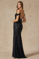 Off-shoulder long evening dress with sequin skirt slit-smcdress