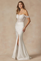 Ruching on skirt gown with corset top and slit-smcdress