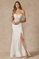 Ruching on skirt gown with corset top and slit-smcdress