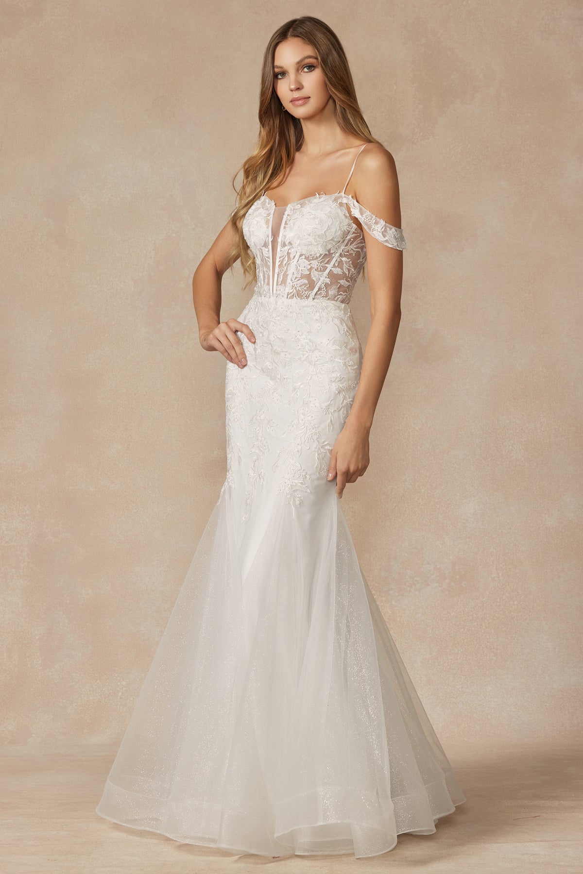 Leaf Lace Fitted Plunging V-Neck Long Wedding Dress-smcdress