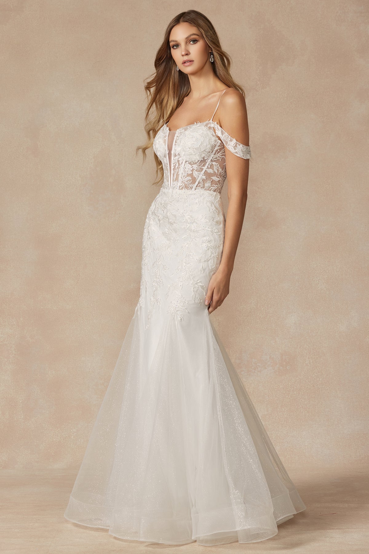 Leaf Lace Fitted Plunging V-Neck Long Wedding Dress-smcdress