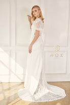 Embroidered Lace Tail Long Wedding Dress w/ Sheer Back-smcdress