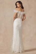Glitter leaf sequin gown with feathered sleeves and slit-smcdress