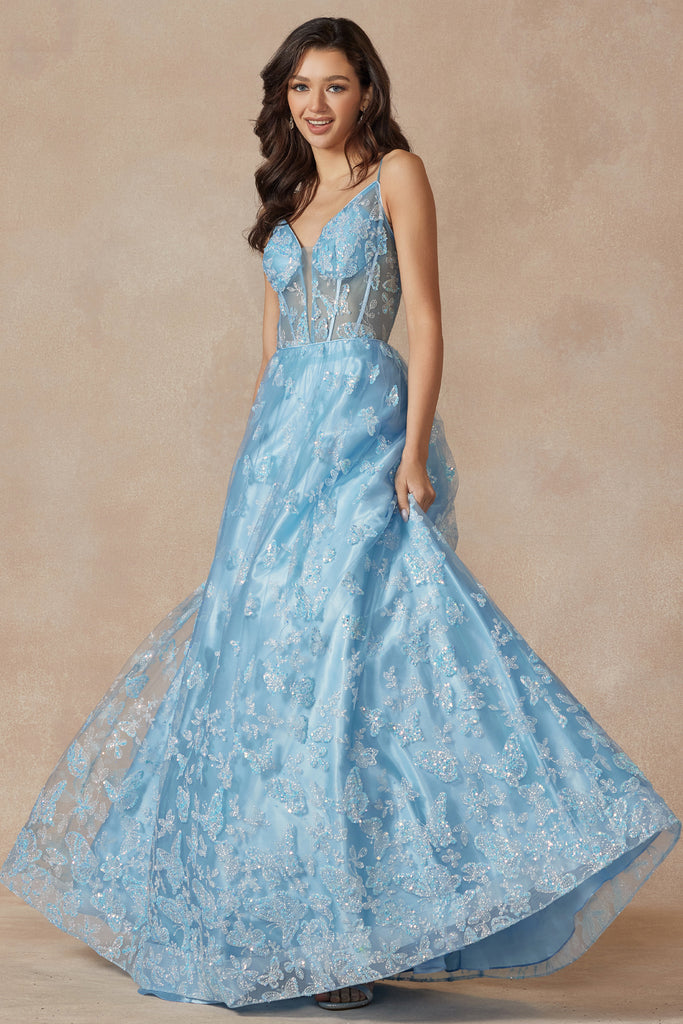 Butterfly glitter embroidered gown with corset top-smcdress