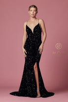 Fitted Velvet Prom Dress w/ Sequins & Plunging Neckline-smcdress