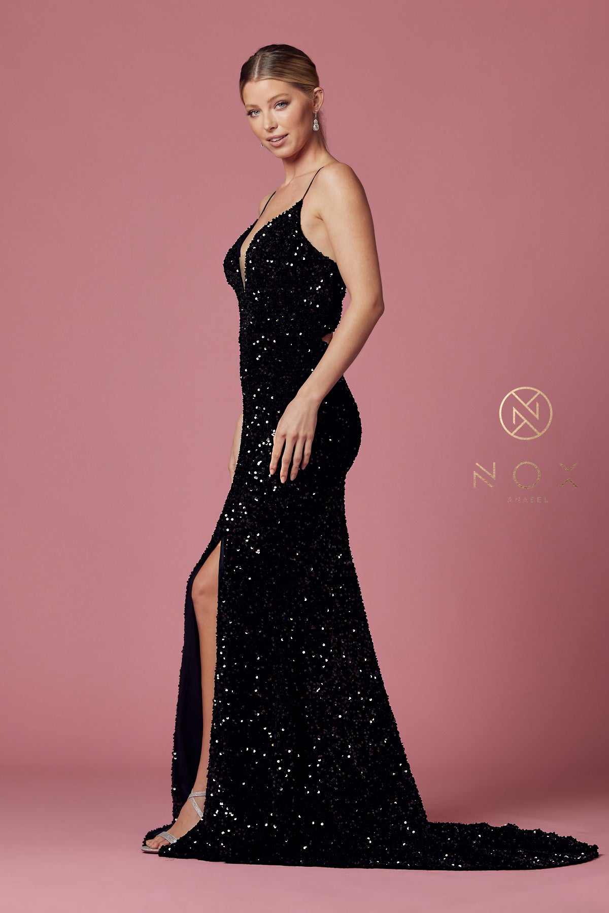 Fitted Velvet Prom Dress w/ Sequins & Plunging Neckline-smcdress