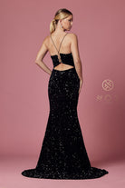 Fitted Velvet Prom Dress w/ Sequins & Plunging Neckline-smcdress