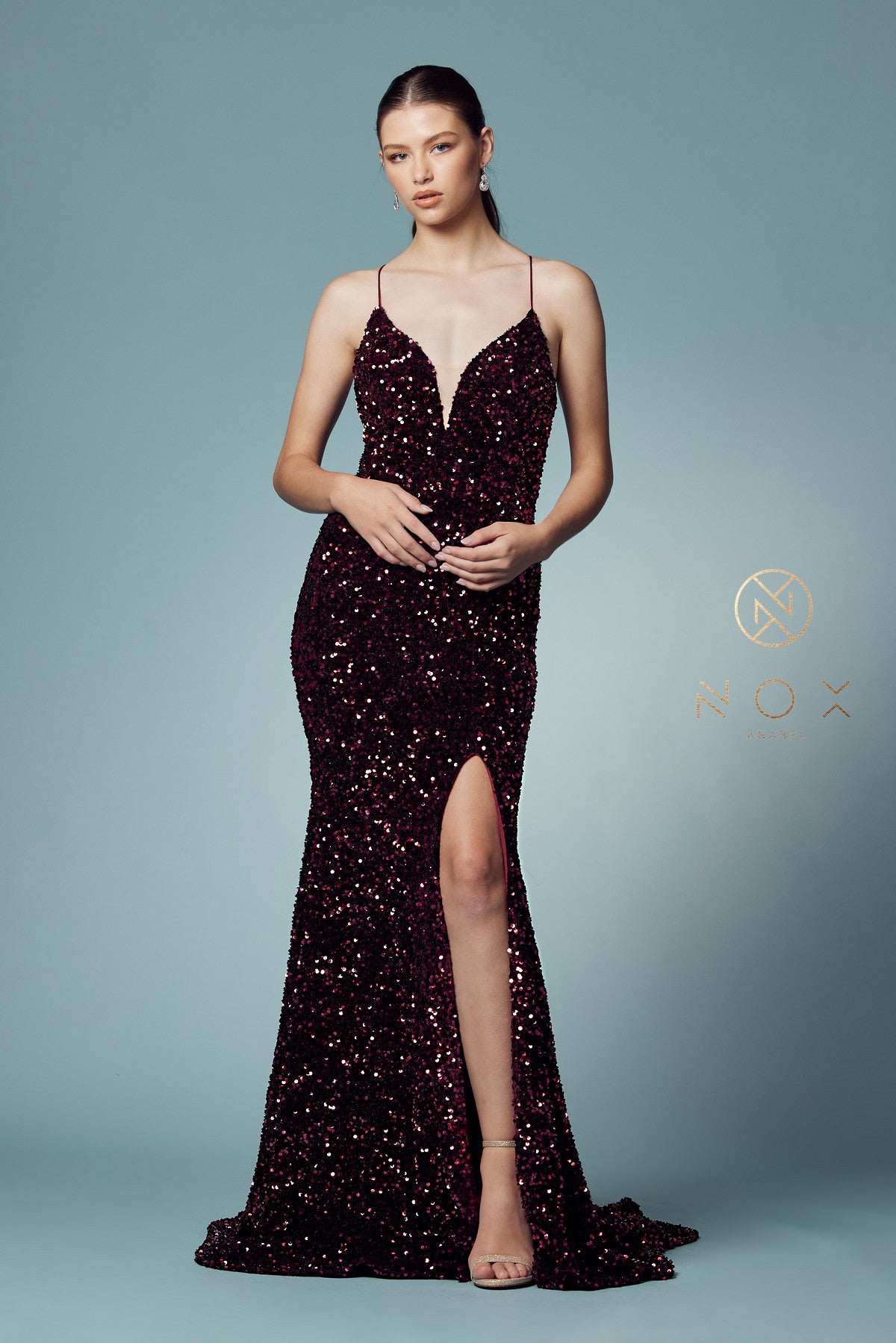 Fitted Velvet Prom Dress w/ Sequins & Plunging Neckline-smcdress