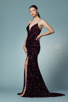 Fitted Velvet Prom Dress w/ Sequins & Plunging Neckline-smcdress