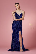 Fitted Velvet Prom Dress w/ Sequins & Plunging Neckline-smcdress