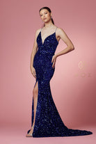 Fitted Velvet Prom Dress w/ Sequins & Plunging Neckline-smcdress