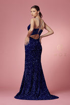 Fitted Velvet Prom Dress w/ Sequins & Plunging Neckline-smcdress