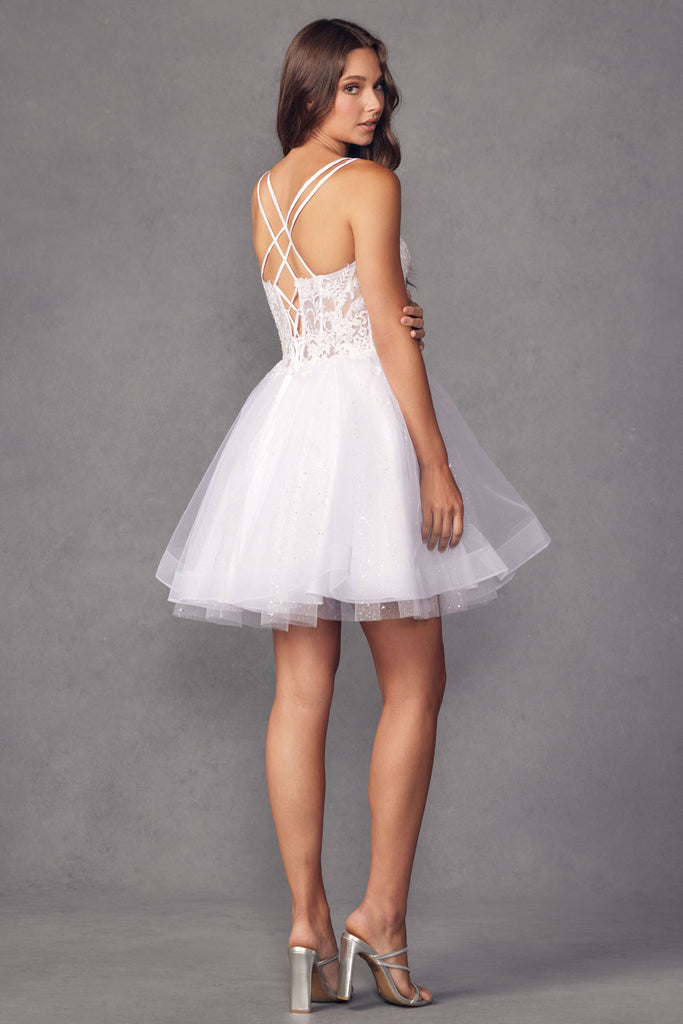 Glitter tulle A-line and embroidered bodice short dresses.-smcdress