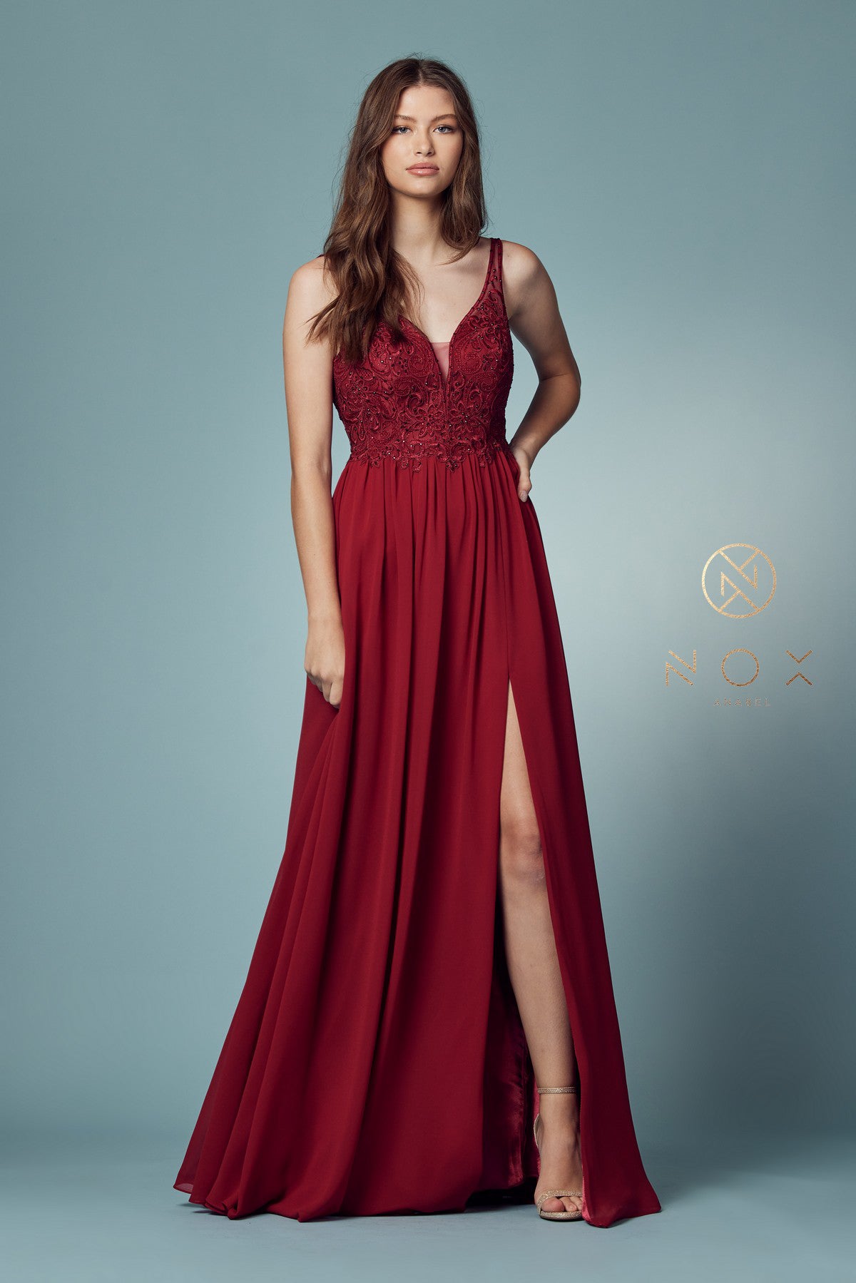 Embroidered V-Neck Dress w/ Side Slit & Bodice Illusion-smcdress