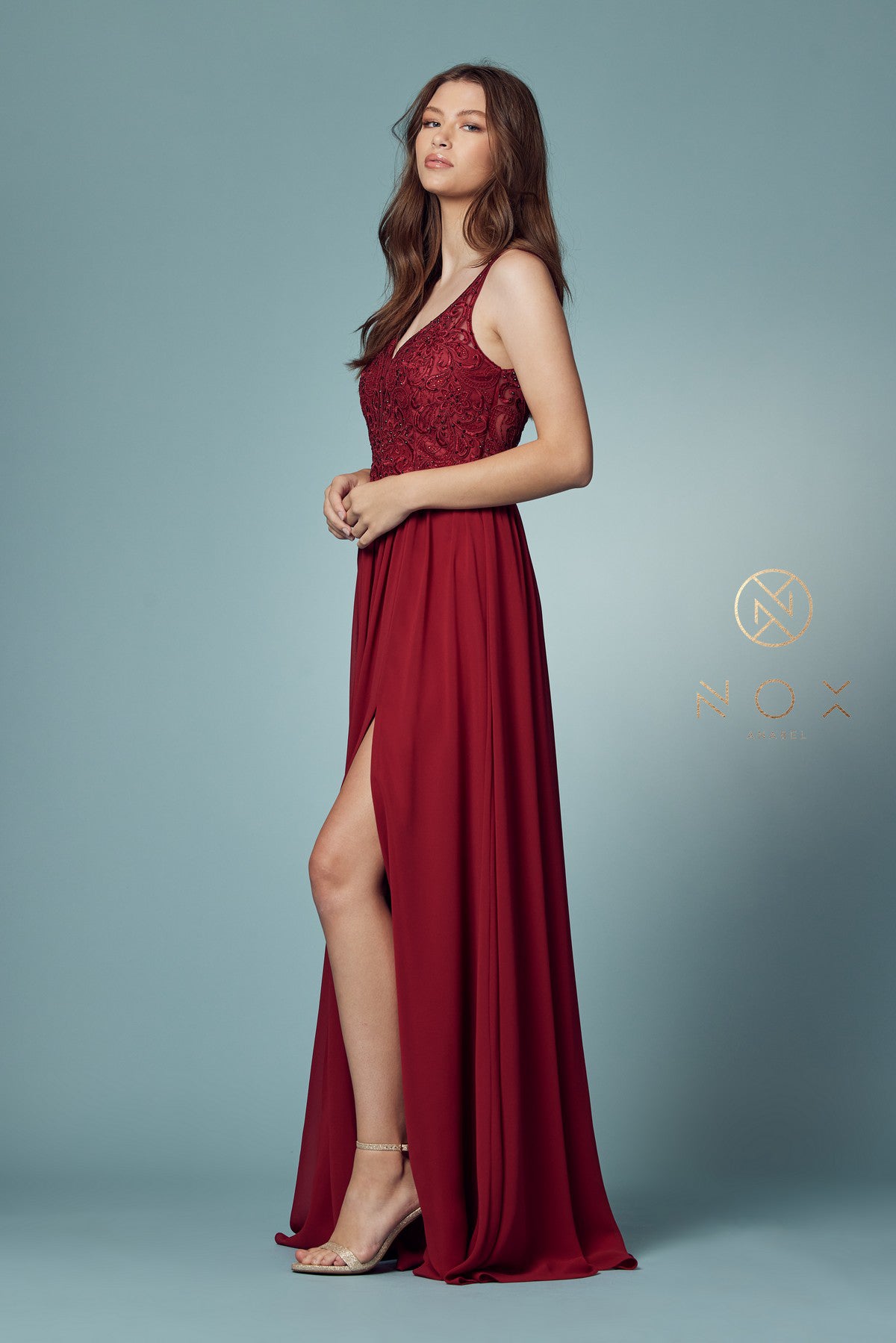 Embroidered V-Neck Dress w/ Side Slit & Bodice Illusion-smcdress