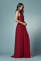 Embroidered V-Neck Dress w/ Side Slit & Bodice Illusion-smcdress