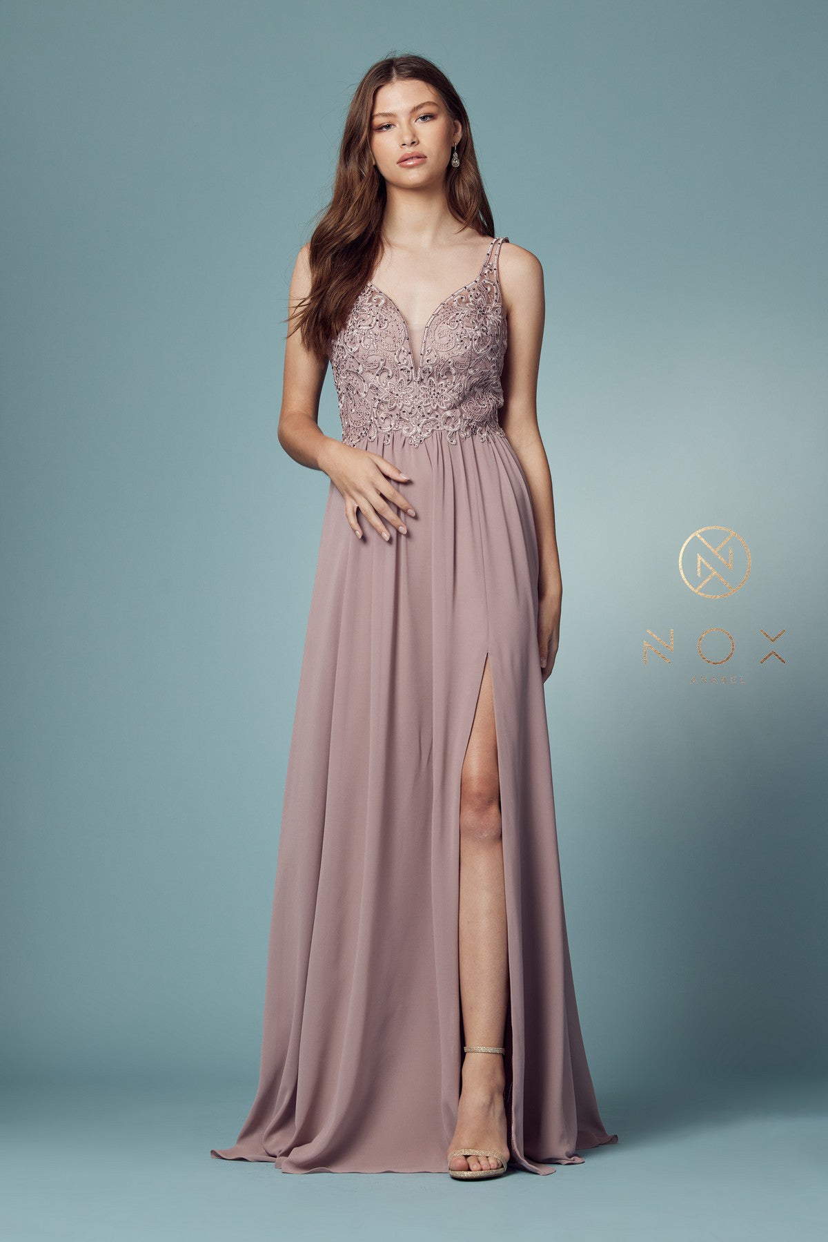 Embroidered V-Neck Dress w/ Side Slit & Bodice Illusion-smcdress