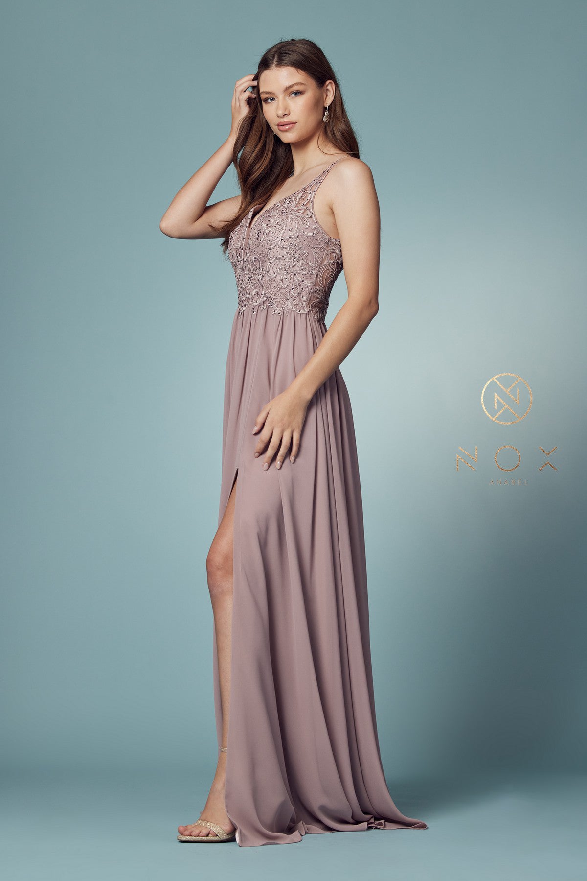 Embroidered V-Neck Dress w/ Side Slit & Bodice Illusion-smcdress