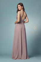 Embroidered V-Neck Dress w/ Side Slit & Bodice Illusion-smcdress