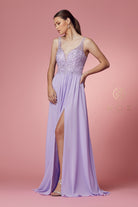 Embroidered V-Neck Dress w/ Side Slit & Bodice Illusion-smcdress