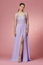 Embroidered V-Neck Dress w/ Side Slit & Bodice Illusion-smcdress