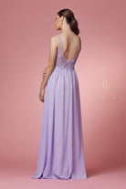 Embroidered V-Neck Dress w/ Side Slit & Bodice Illusion-smcdress