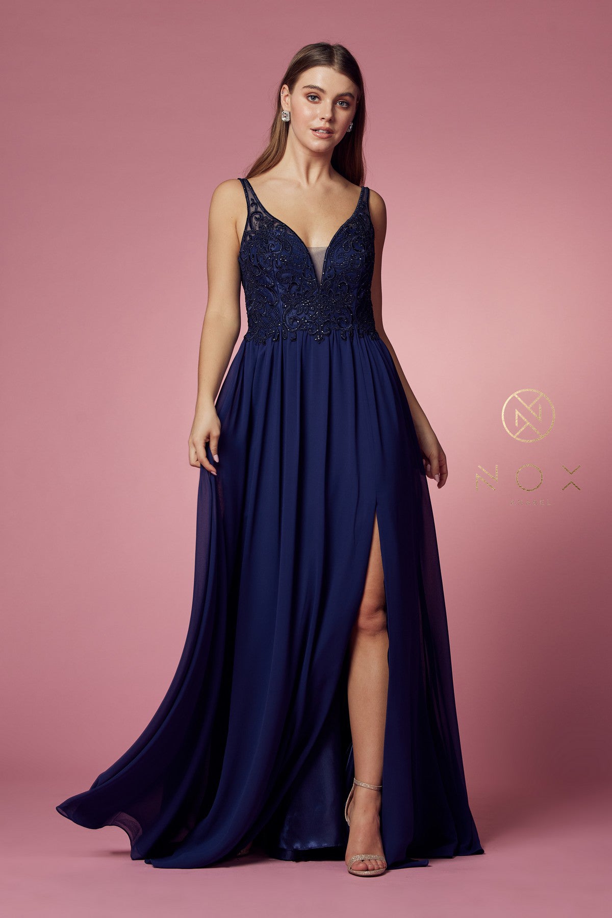 Embroidered V-Neck Dress w/ Side Slit & Bodice Illusion-smcdress