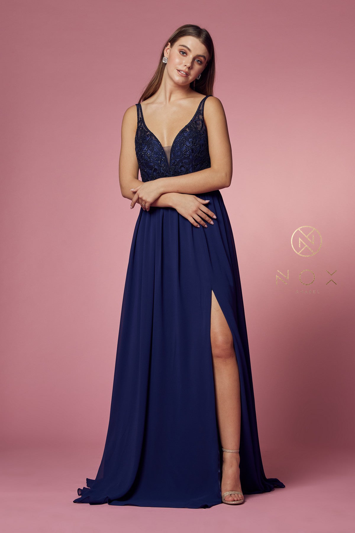 Embroidered V-Neck Dress w/ Side Slit & Bodice Illusion-smcdress