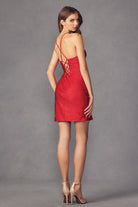 Back of red short dress with slit