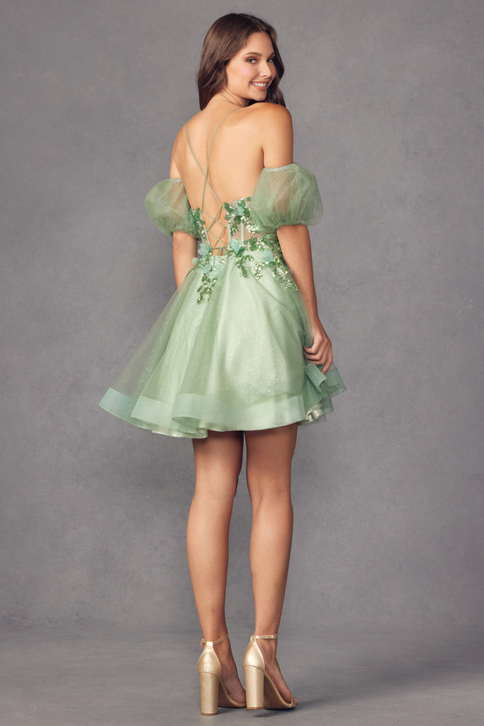 Back of sea green open back cocktail dress