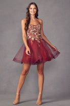 burgundy short dress with butterfly appliques