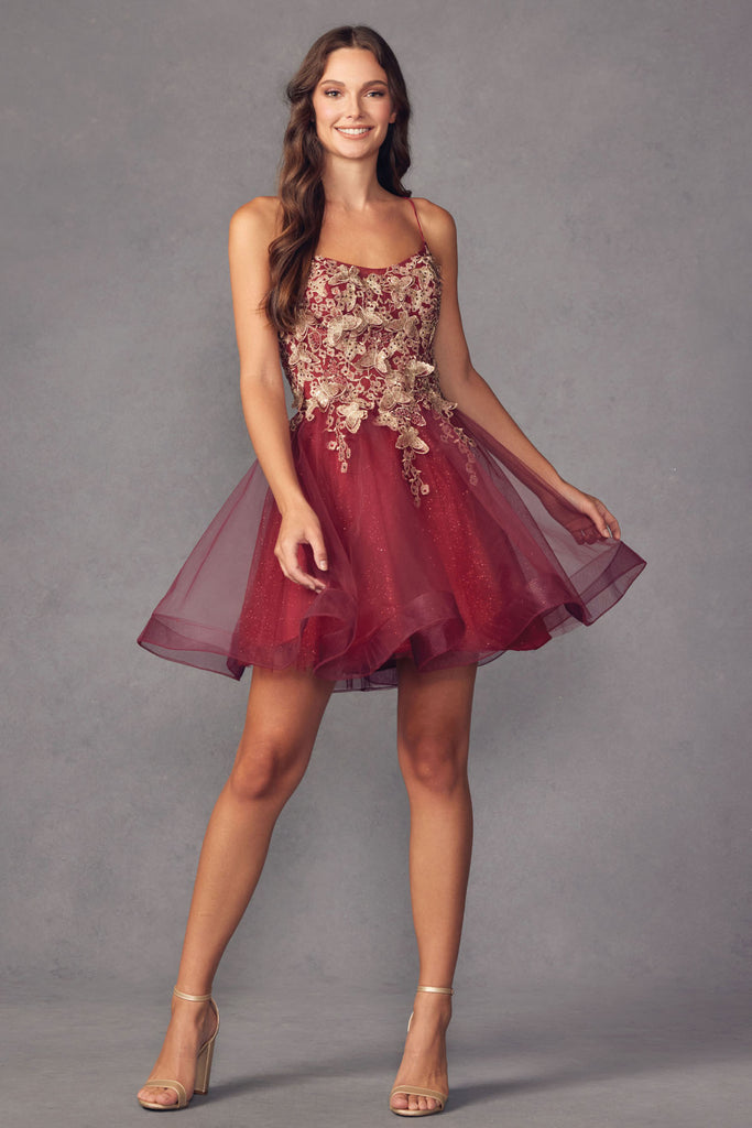 burgundy short dress with butterfly appliques