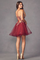 Back od burgundy short dress with butterfly appliques