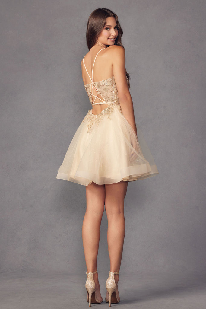 back of short dress with butterfly appliques 