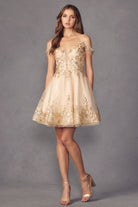 Glitter print cold shoulder short dress-smcdress