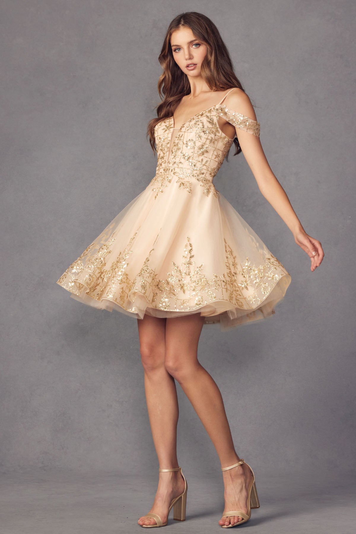 Glitter print cold shoulder short dress-smcdress