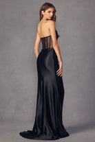Back of black sheer corset top evening dress