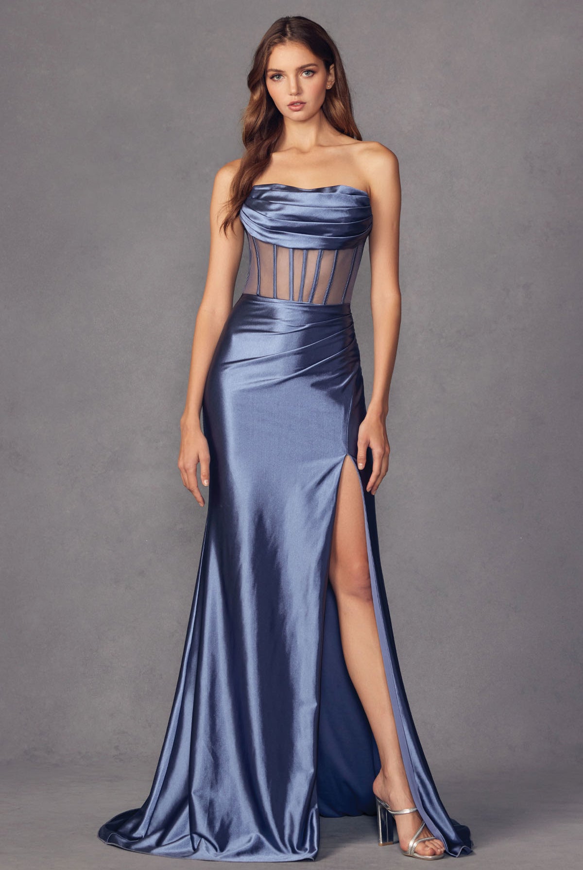 Smoky blue sheer corset top evening dress