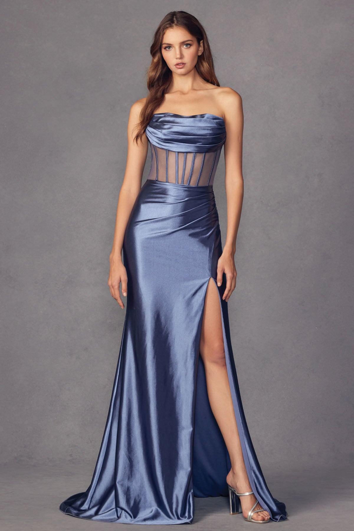Smoky blue sheer corset top evening dress