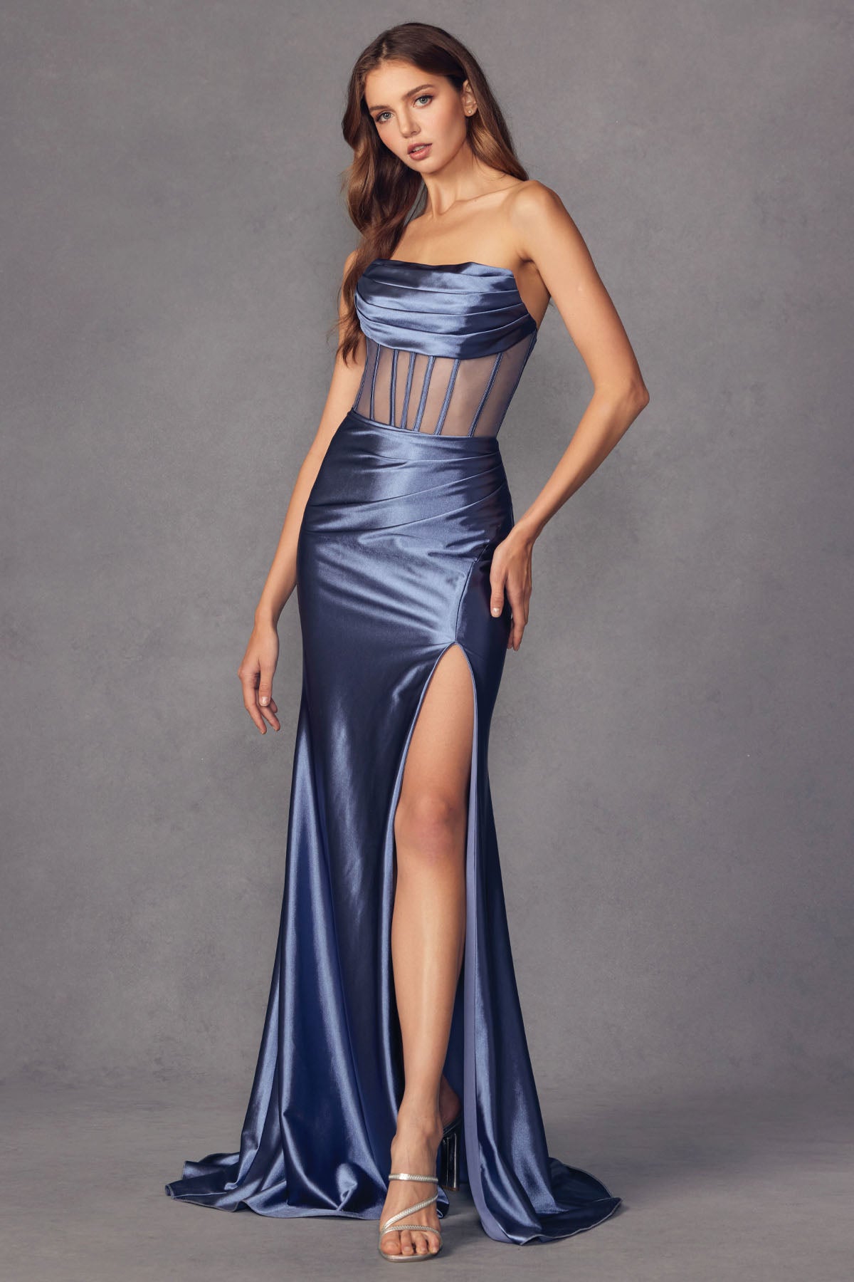 Smoky blue sheer corset top evening dress 