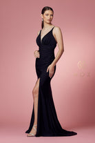 Double spaghetti straps, slit long bridesmaid & prom dress.-smcdress