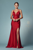 Double spaghetti straps, slit long bridesmaid & prom dress.-smcdress