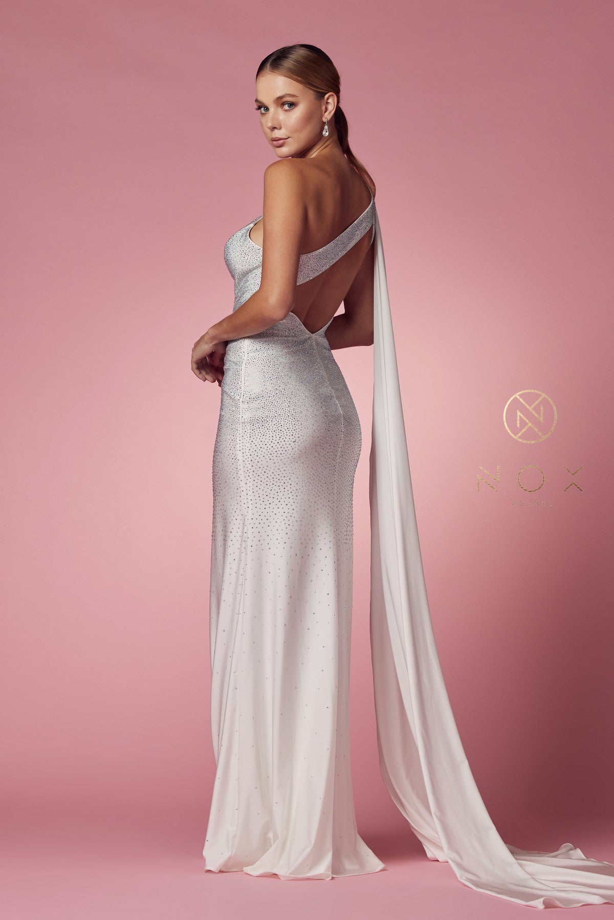 Jewel One-Shoulder Wedding Dress w/High Slit-smcdress